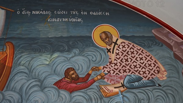 Orthodox wall painting of a rescue in the water by a saint, Chapel of Agios Nikolaos, harbour, Kolymbia, Rhodes, Dodecanese, Greek Islands, Greece