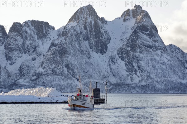 A fishing boat returns through the sea to a snow-covered harbour, Myre, Vesteralen, Nordland, Arctic, Norway