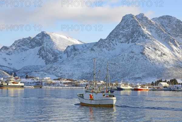 A fishing boat on calm water against a backdrop of snow-capped mountains and blue sky, Myre, Vesteralen, Nordland, Arctic, Norway