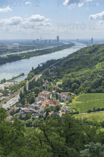 Viewpoint on the way to Leopoldskirche with a view of Kahlenbergdorf and the Danube in the background Danube Tower, Vienna, Austria