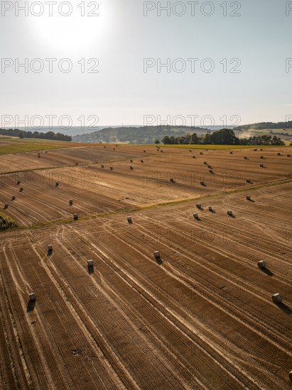 Sunlit fields with straw bales under a blue sky, quiet and spacious, Gechingen, district of Calw, Germany