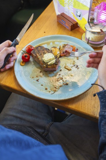 Person eating a steak with tomatoes and garnish on a blue plate, Lake Constance, Germany