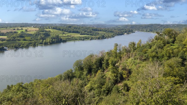 Bird's eye view of Lake Baldeney and Schellenberger Wald mixed forest in front, Essen, North Rhine-Westphalia, Germany