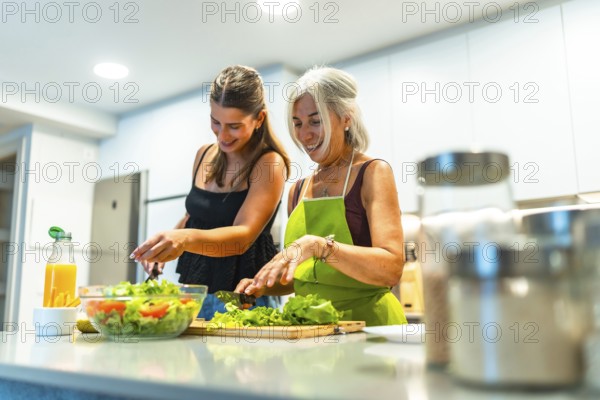 Two women in a modern kitchen joyfully preparing a fresh salad together, highlighting the bond and joy of cooking and healthy eating