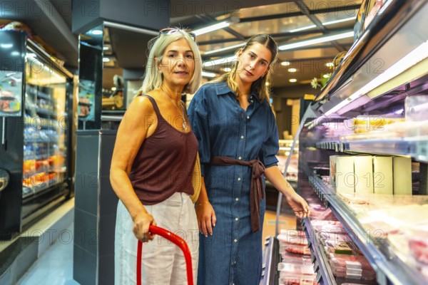 Two women shopping for groceries are choosing meat products from refrigerated section of a supermarket