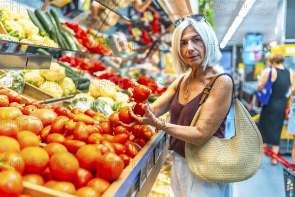 Mature woman choosing ripe tomatoes in a vibrant grocery store produce aisle, surrounded by an array of fresh vegetables and colorful produce