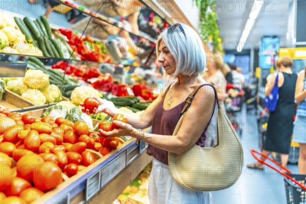 Mature woman with gray hair choosing ripe tomatoes in a grocery store, surrounded by colorful vegetables, highlighting healthy lifestyle choices