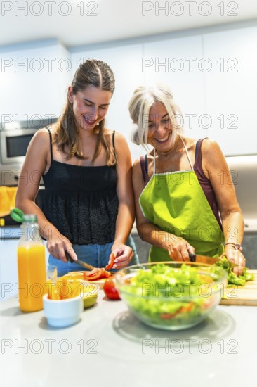 Smiling mother and daughter preparing a fresh salad together in a modern kitchen, highlighting family bonding and healthy lifestyle choices