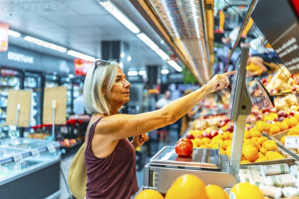 Mature woman shopping for fresh produce in a grocery store, using a digital scale to weigh fruits and vegetables. Bright, colorful market setting