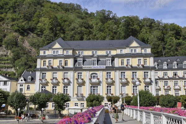 River Lahn, Häckers Grand Hotel in the former spa hotel, Römerstraße, Bad Ems, Rhineland-Palatinate, Germany