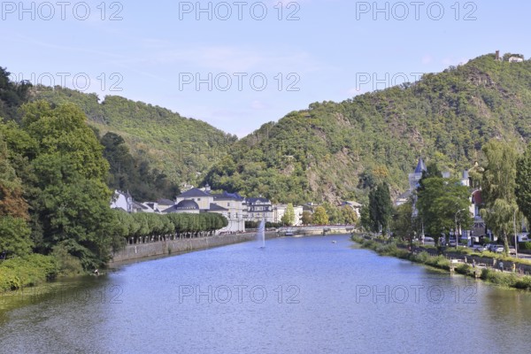 Baroque UNESCO casino and riverside promenade on the Lahn with fountain, Bad Ems, Rhineland-Palatinate, Germany