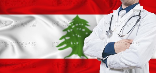 Lebanon healthcare concept. Male doctor on Lebanon flag. Doctor with crossed arms on Lebanon flag