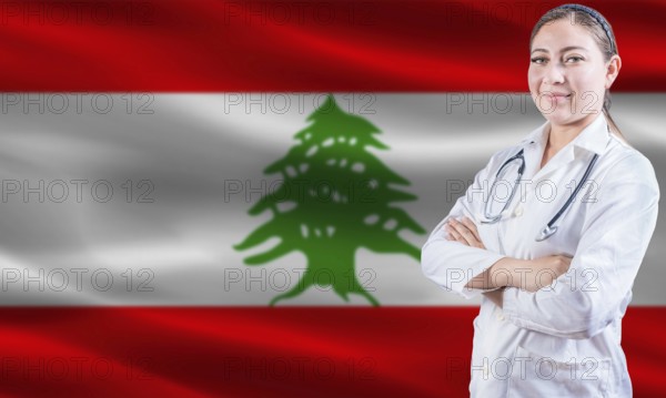 Female doctor on Lebanon flag. Doctor with crossed arms on Lebanon flag. Lebanon health and care concept
