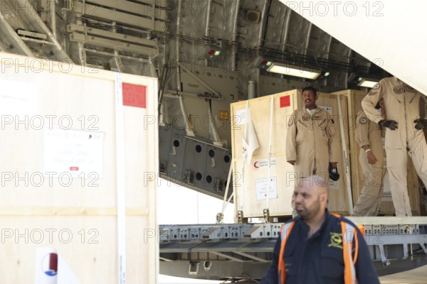 A Qatari plane carrying humanitarian and medical aid arrives at Damascus International Airport as part of Qatar's air and land relief bridge to support the Syrian people during the recovery phase, Damascus, Damascus, Syria