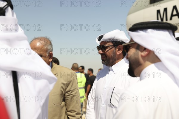 A Qatari aircraft carrying humanitarian and medical aid arrives at Damascus International Airport, received by Syrian Health Minister Musab al-Omar, the heads of the Qatari and Syrian Red Crescent, and Qatar's ambassador, Damascus, Damascus, Syria