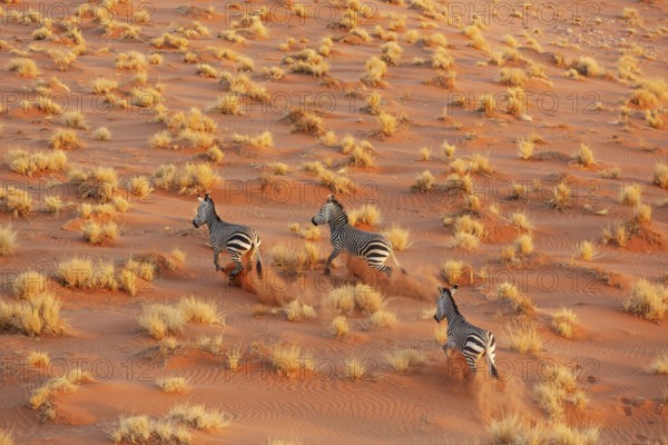 Hartmann's Mountain Zebra (Equus zebra hartmannae). At a sandy plain in the Namib Desert. Aerial view from a helicopter. Namib-Naukluft Park, Namibia