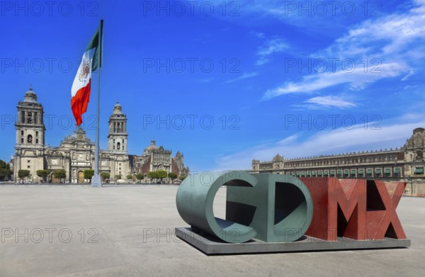 Zocalo Constitution Square in Mexico city, landmark Metropolitan Cathedral and National Palace