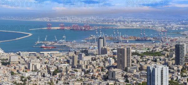 Israel, panoramic skyline view of Haifa downtown, port and historic center
