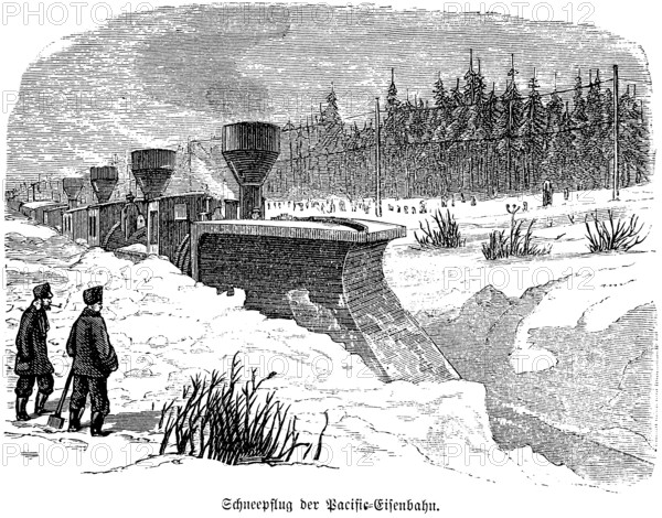 Snow plough of the Pacific Railway, Pacific Railway, North America, metre-high snow, several steam locomotives, spectators, coniferous forest, telegraph poles, historical illustration 1858