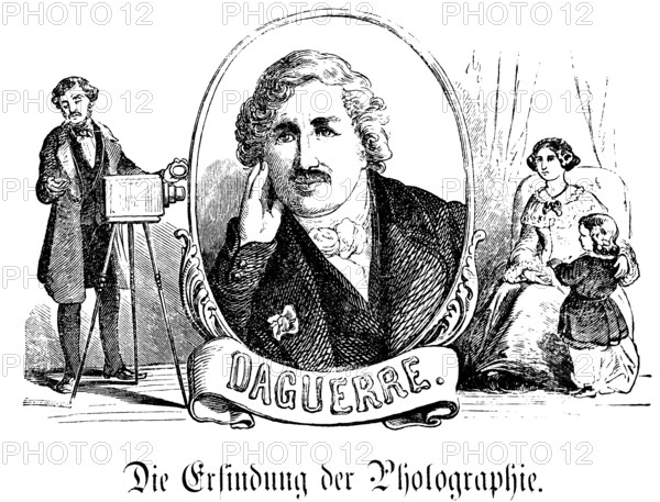 Portrait of the Frenchman Louis Daguerre (1787-1851) pioneer and inventor of photography, photo studio, daguerreotype, copper plates, silver plates, oval frame with name, photographer, curtain, woman with child, armchair, view camera on tripod, historical illustration 1858