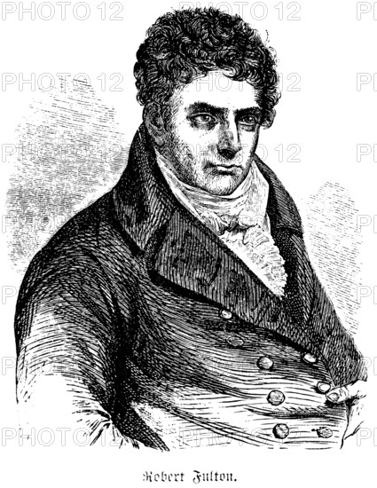 Portrait of Robert Fulton (1765-1815) American engineer, inventor of the steam engine, submarine Nautilus, serious, optimistic look, jacket, frilled shirt, historical illustration 1858