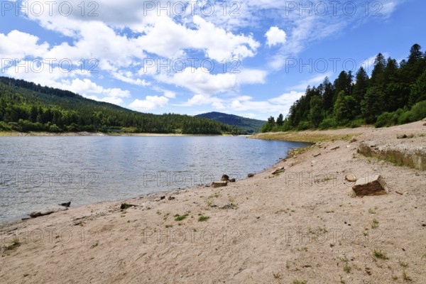 Beautiful mountain lake in the Black Forest in Forbach in Germany called Schwarzenbach Reservoir surrounded by forested hills under a clear sky