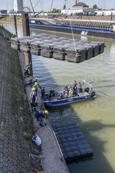 Construction of a floating platform with the jet-float system, this can be used as a work platform, jetty or bridge, water hazards specialist group, in Düsseldorf, at the major exercise FÜLEX25, lasting several days, of the THW, Federal Agency for Technical Relief, North Rhine-Westphalia, over 3500 volunteers from the 127 North Rhine-Westphalia local organisations practise many different deployment scenarios over 4 weekends