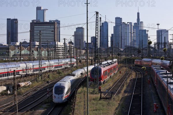 Elevated city view with many trains, railway station and skyscrapers, Frankfurt am Main, Hesse, Germany