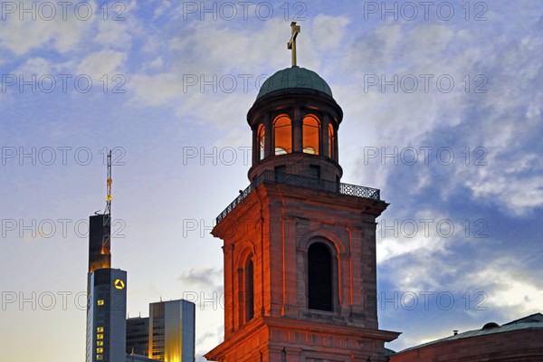 Tower of St Paul's Church and Commerzbank Tower in the evening, Frankfurt am Main, Hesse, Germany