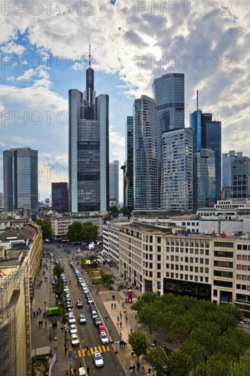 View from St Catherine's Church of the banking district with the skyline of Frankfurt am Main, Hesse, Germany