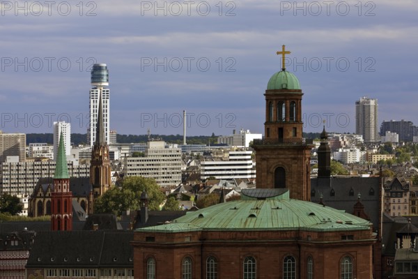 Tower of St Paul's Church, the old Protestant Church of St Nicholas, the Protestant Church of the Epiphany and the New Henninger Tower, Frankfurt am Main, Hesse, Germany
