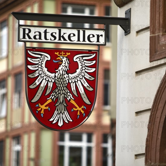 Traditional Ratskeller nose shield with the coat of arms of the city of Frankfurt am Main, Hesse, Germany