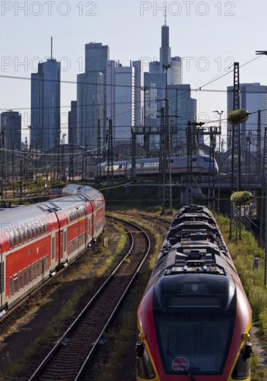 Elevated city view with many trains, railway station and skyscrapers, Frankfurt am Main, Hesse, Germany
