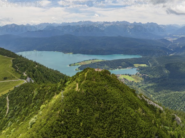 Elevated view of lakes and forests under a cloudy sky, Herzogstand summit, Walchensee, Schlehdorf, Germany