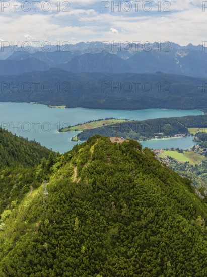 Sweeping views of lakes and mountains under a cloudy sky, Herzogstand summit, Walchensee, Schlehdorf, Germany