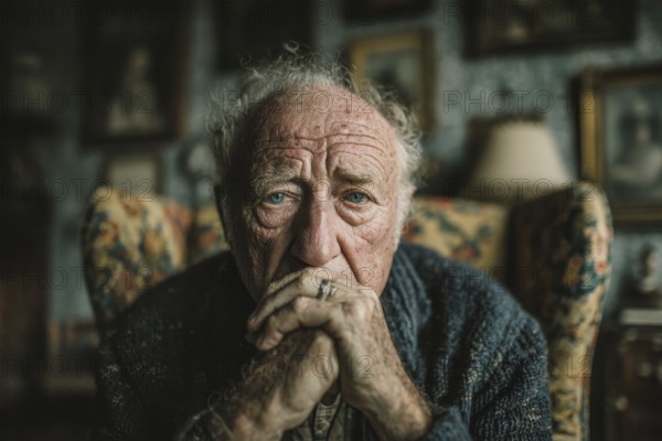 Elderly man looks thoughtful and melancholic, depressive, symbolic image for old age depression, loneliness, AI generated, AI generated