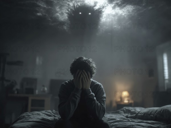 Person sitting in bed, small dark monster on the ceiling, symbolic image for anxiety disorders, panic attacks, mental illness, AI generated