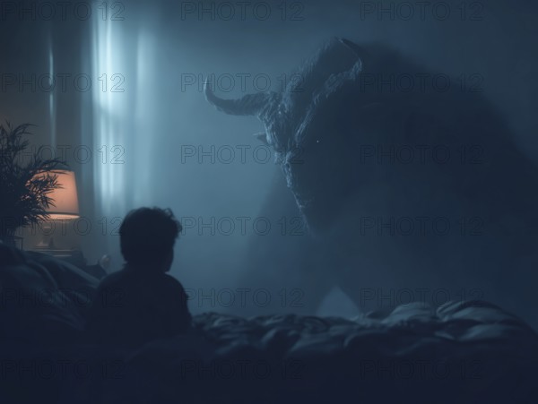 Dark monster standing in a child's room, dim light, symbolising anxiety disorders, panic attacks, mental illness, AI generated