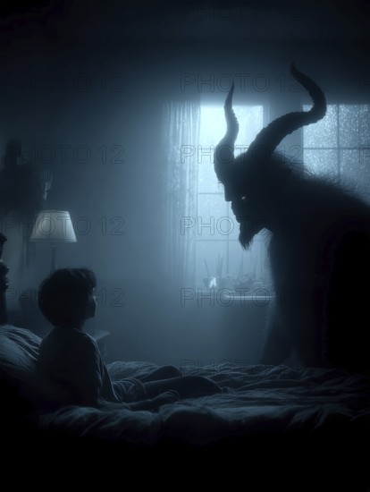 Child in bed, monster in demonic form with horns in front of window, symbolic image for anxiety disorders, panic attacks, mental illness, AI generated