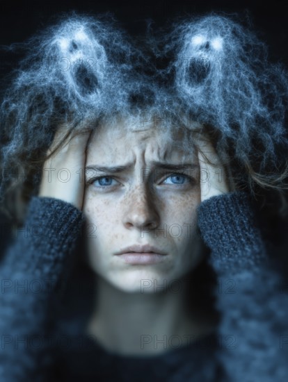 Woman with horror on her face, small ghosts around her head, symbolic image for anxiety disorders, panic attacks, mental illness, AI generated, AI generated