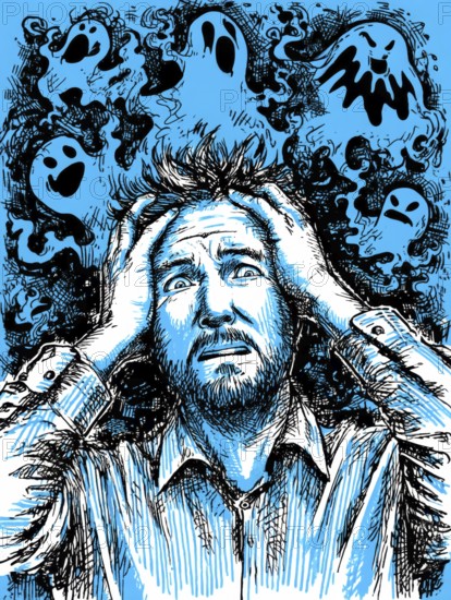 A man in drawn style shows an expression of panic surrounded by ghostly apparitions, symbolising anxiety disorders, panic attacks, mental illness, AI generated