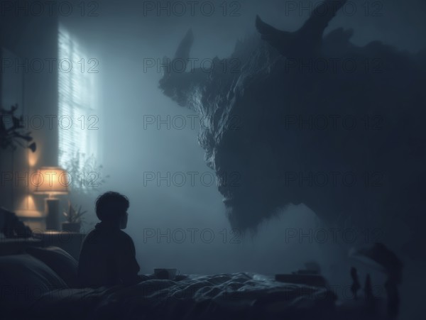 Child sitting on bed, threatening monster looking at it from the side, symbolic image for anxiety disorders, panic attacks, mental illness, AI generated, AI generated