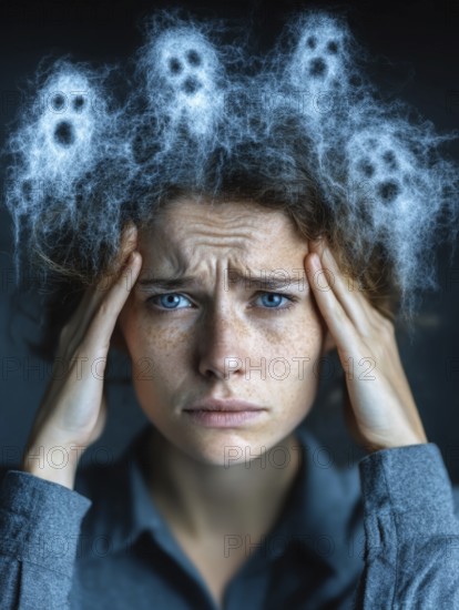 Woman holding head with hands, small ghosts in hair, symbolic image for anxiety disorders, panic attacks, mental illness, AI generated, AI generated