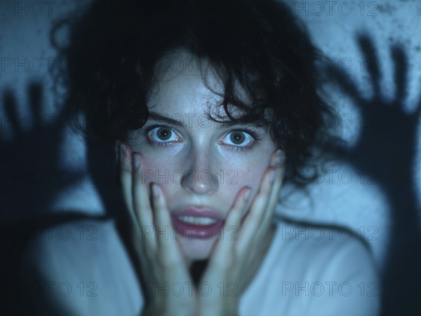 A woman shows a frightened expression on her face while shadowy hands are placed over her, symbolising anxiety disorders, panic attacks, mental illness, AI generated, AI generated
