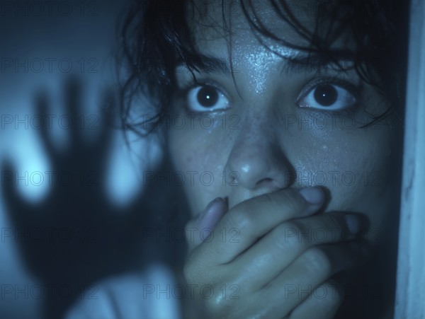 A frightened woman with a shadowy figure in the background holds her hand in front of her mouth, symbolising anxiety disorders, panic attacks, mental illness, AI generated, AI generated
