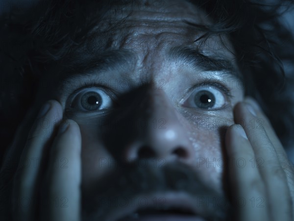 A close-up of a man whose face is marked by fear, symbolising anxiety disorders, panic attacks, mental illness, AI generated, AI generated