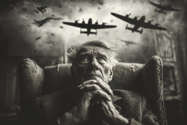 Elderly man gazes thoughtfully into the distance as a World War II bomber squadron flies overhead, symbolising war trauma, AI generated, AI generated