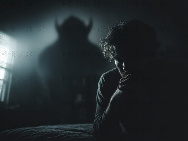 Man sitting in a dark room, threatening monster shape visible in the background, symbolic image for anxiety disorders, panic attacks, mental illness, AI generated