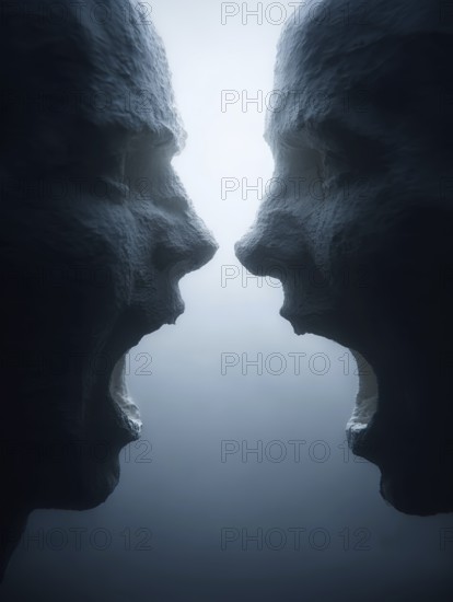 Two sculptures screaming at each other in darkness with dramatic use of light, AI generated, AI generated