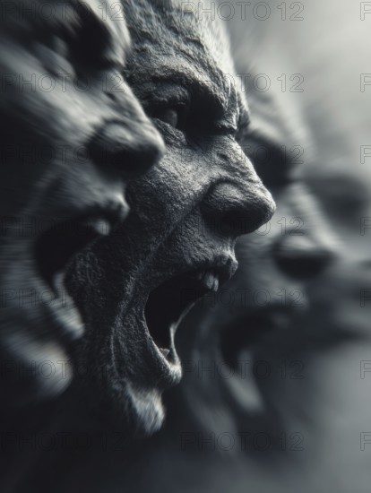 Series of loud screaming faces in darkness with intense expressions and mystical atmosphere, AI generated, AI generated